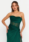 Strapless Draped Corset Mermaid Gown – Sheer Mesh Waist Panel × High Slit Train × Sculpted Elegance