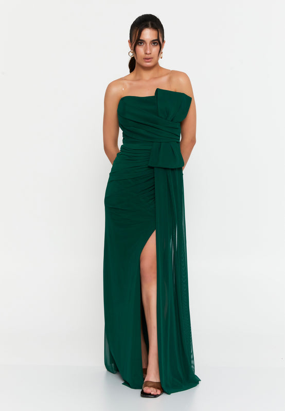 Asymmetric One-Shoulder Gown with Draped Bow & Front Slit – Structured Waistline and Flowing Silhouette