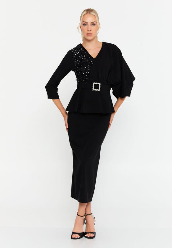 Asymmetric Draped-Sleeve V-Neck Dress – Crystal-Stud Panel, Jeweled Square-Buckle Belt & Peplum Waist over Sleek Column Skirt