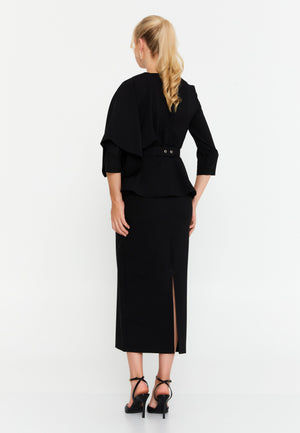 Asymmetric Draped-Sleeve V-Neck Dress – Crystal-Stud Panel, Jeweled Square-Buckle Belt & Peplum Waist over Sleek Column Skirt