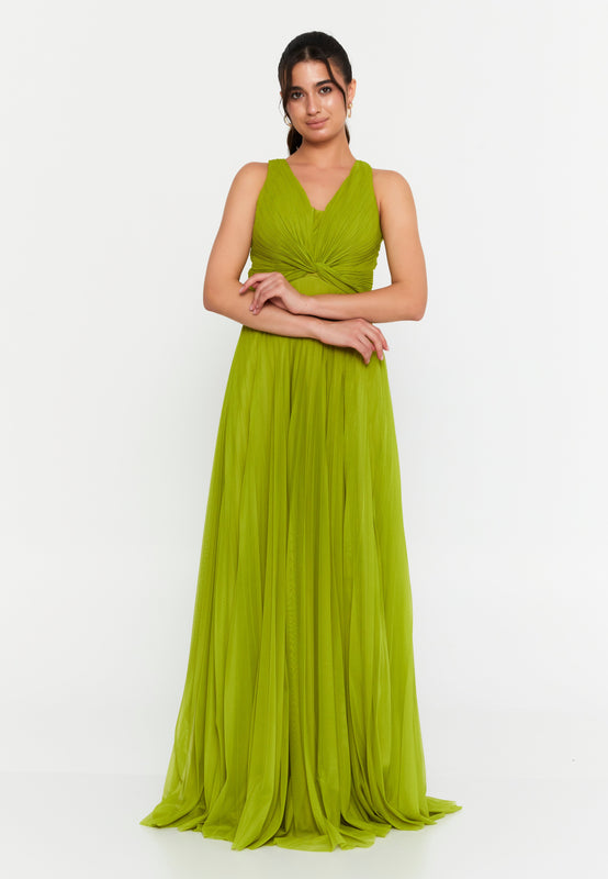 Flowing Chiffon Pleated Maxi Gown – Deep V Neck, High Waist Design & Airy Draped Silhouette