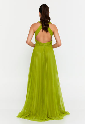 Flowing Chiffon Pleated Maxi Gown – Deep V Neck, High Waist Design & Airy Draped Silhouette