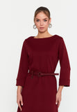 Bateau-Neck Belted A-Line Dress – 3/4 Cuffed Sleeves, Minimal Hardware Waist Belt & Effortless Office-to-After Hours Chic