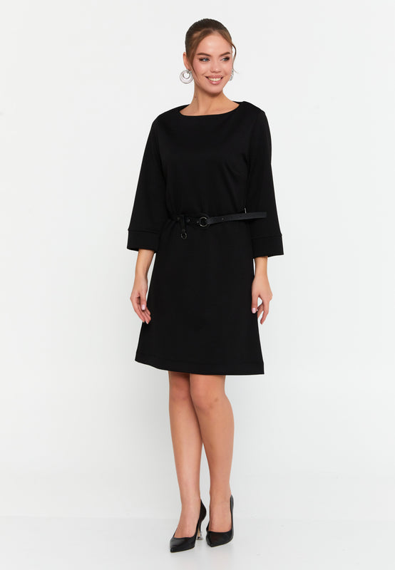 Bateau-Neck Belted A-Line Dress – 3/4 Cuffed Sleeves, Minimal Hardware Waist Belt & Effortless Office-to-After Hours Chic
