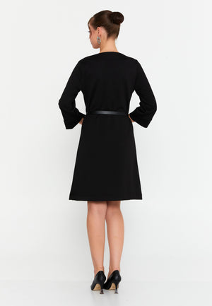 Bateau-Neck Belted A-Line Dress – 3/4 Cuffed Sleeves, Minimal Hardware Waist Belt & Effortless Office-to-After Hours Chic