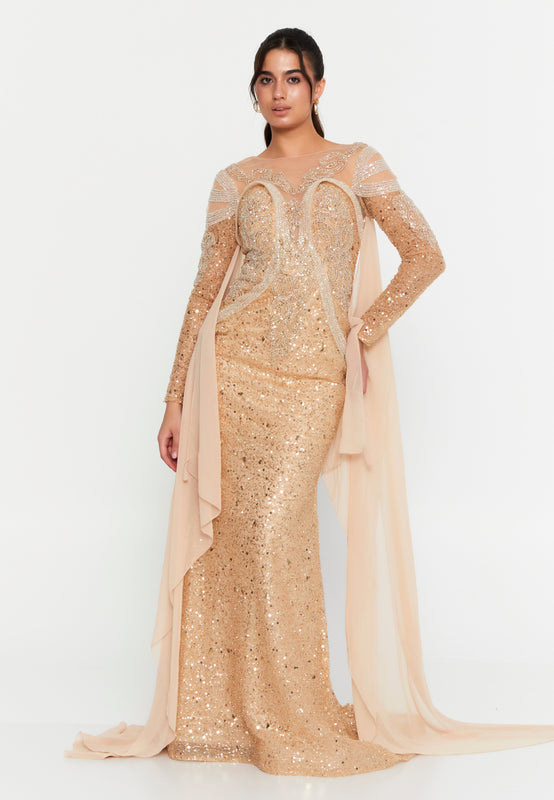 Luxury Sequin Cape Gown – Handcrafted Beaded Design, Draped Train & Sculpted Feminine Silhouette