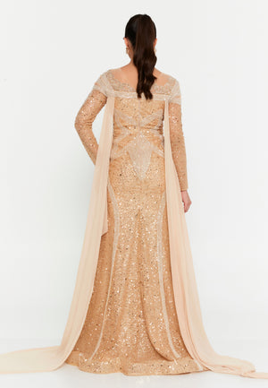 Luxury Sequin Cape Gown – Handcrafted Beaded Design, Draped Train & Sculpted Feminine Silhouette