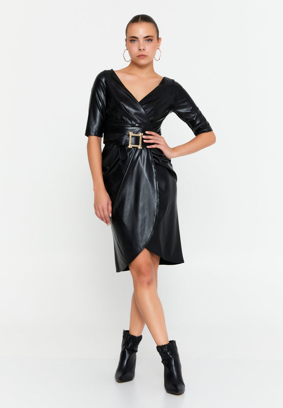 Mid-Length Faux Leather Column Casual Dress