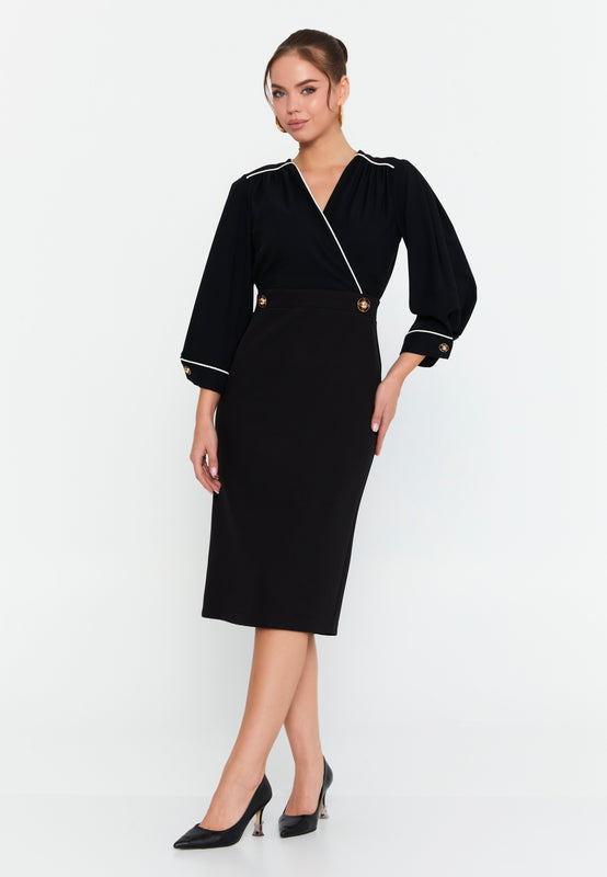 Faux-Two-Piece Wrap V-Neck Midi Dress – Contrast Piping Top, 3/4 Puff Sleeves & High-Waisted Pencil Skirt