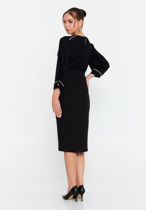 Faux-Two-Piece Wrap V-Neck Midi Dress – Contrast Piping Top, 3/4 Puff Sleeves & High-Waisted Pencil Skirt