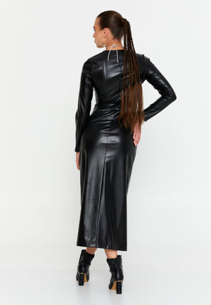 Asymmetric Cutout Chain-Detail PU Gown – Side-Ruched Waist, Long Sleeves & High-Slit Column Skirt