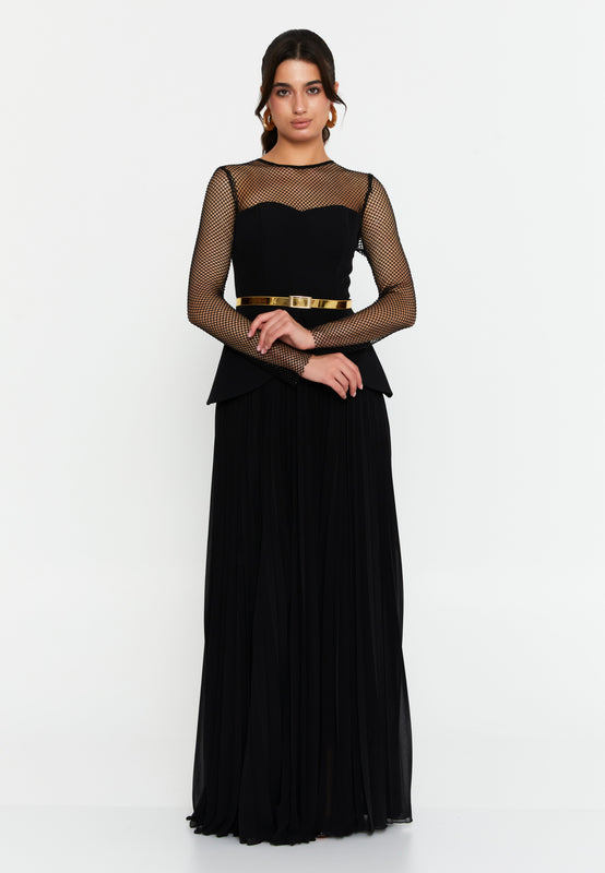 Illusion-Mesh Bodice Maxi Gown with Metal-Finish Belt – Sweetheart Inner Line & Knife-Pleated Flowing Skirt