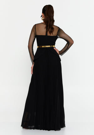 Illusion-Mesh Bodice Maxi Gown with Metal-Finish Belt – Sweetheart Inner Line & Knife-Pleated Flowing Skirt