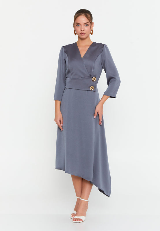 Elegant V-Neck Midi Dress – Asymmetric Hemline, Fitted Waist & Gold Button Detail for Modern Grace