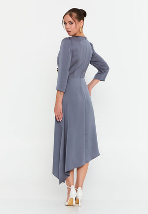 Elegant V-Neck Midi Dress – Asymmetric Hemline, Fitted Waist & Gold Button Detail for Modern Grace