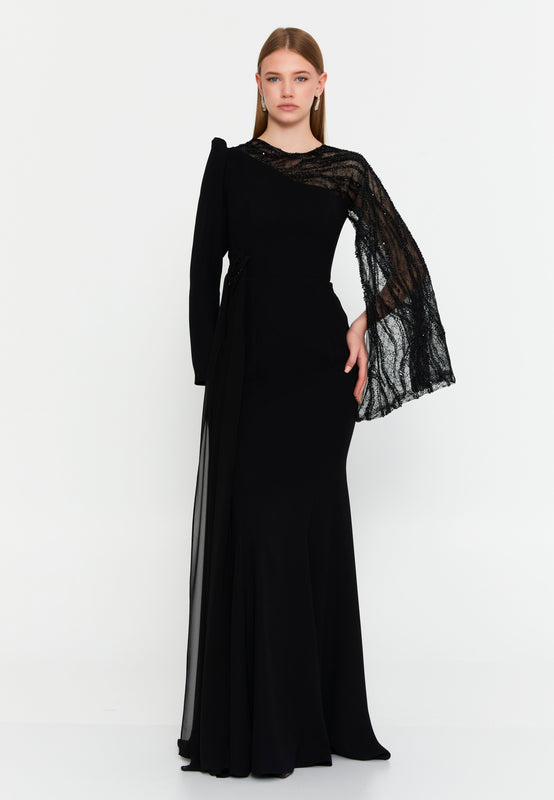 Asymmetric Lace-Sleeve Gown – Sculpted Waist, Draped Sheer Overlay & Modern Goddess Silhouette