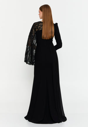 Asymmetric Lace-Sleeve Gown – Sculpted Waist, Draped Sheer Overlay & Modern Goddess Silhouette