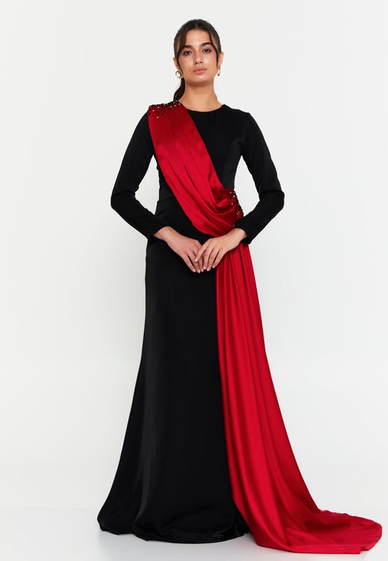 Asymmetric Draped Shoulder Gown – Hand-Beaded Detailing, Sculpted Silhouette & Flowing Train