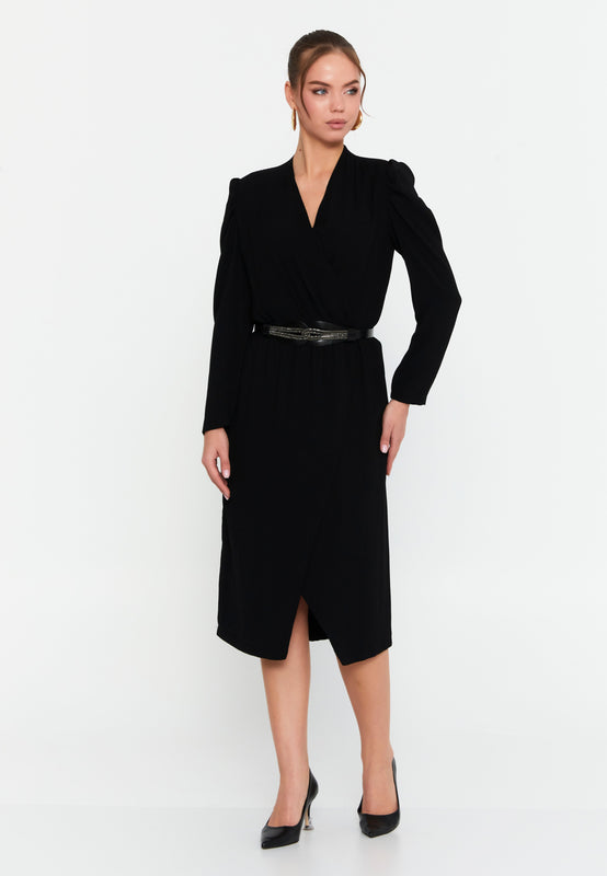 Elegant Wrap V-Neck Midi Dress – Tailored Waist, Subtle Shoulder Detail & Refined Professional Silhouette