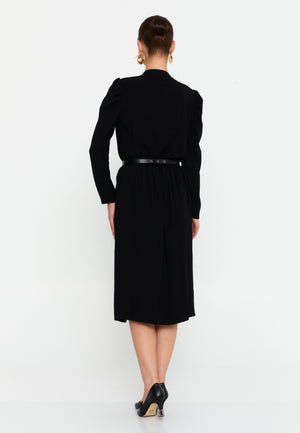 Elegant Wrap V-Neck Midi Dress – Tailored Waist, Subtle Shoulder Detail & Refined Professional Silhouette