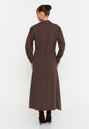 Collared Long-Sleeve Midi Dress – Half-Zip Front, Hidden Pockets & A-Line Silhouette for Effortless Everyday Elegance