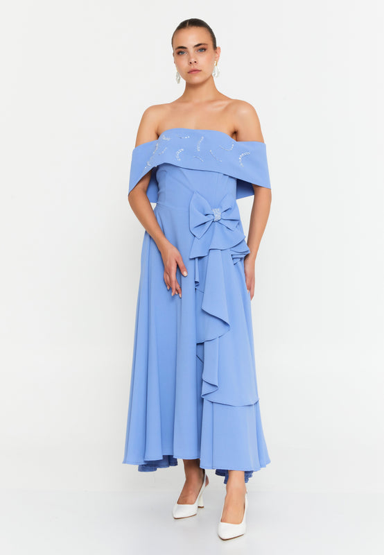 Off Shoulder Midi Polyester Column Evening Dress