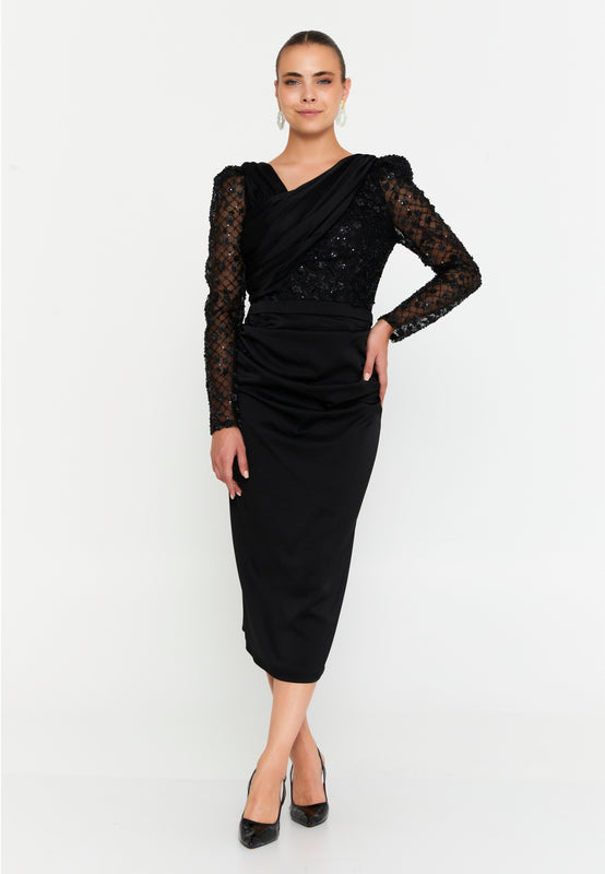 Long Sleeve Midi Polyester Column Evening Dress