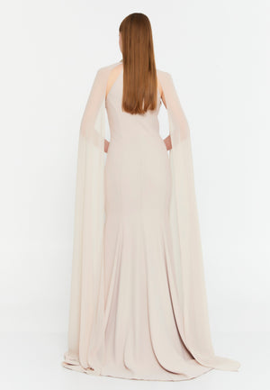 High-Neck Beaded Cape Gown – Cascading Jewel Drape, Sheer Flowing Sleeves & Sculpted Mermaid Silhouette
