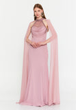 High-Neck Beaded Cape Gown – Cascading Jewel Drape, Sheer Flowing Sleeves & Sculpted Mermaid Silhouette