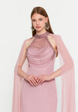 High-Neck Beaded Cape Gown – Cascading Jewel Drape, Sheer Flowing Sleeves & Sculpted Mermaid Silhouette