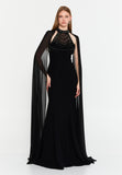 High-Neck Beaded Cape Gown – Cascading Jewel Drape, Sheer Flowing Sleeves & Sculpted Mermaid Silhouette