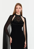 High-Neck Beaded Cape Gown – Cascading Jewel Drape, Sheer Flowing Sleeves & Sculpted Mermaid Silhouette