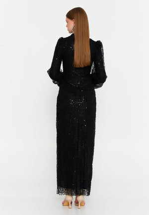 High-Neck Sequin Lace Gown – Long Puff Sleeves, Slim Silhouette & Subtle Allure of Light