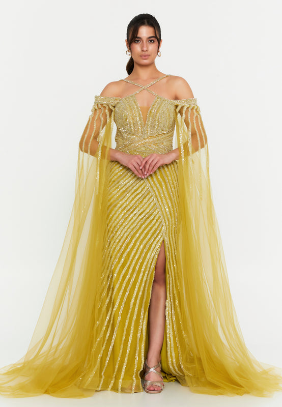 Celestial Beaded Cape-Sleeve Gown – Crisscross Neckline, Off-Shoulder Bodice, Front Slit & Flowing Tulle Trains