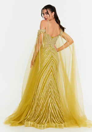 Celestial Beaded Cape-Sleeve Gown – Crisscross Neckline, Off-Shoulder Bodice, Front Slit & Flowing Tulle Trains