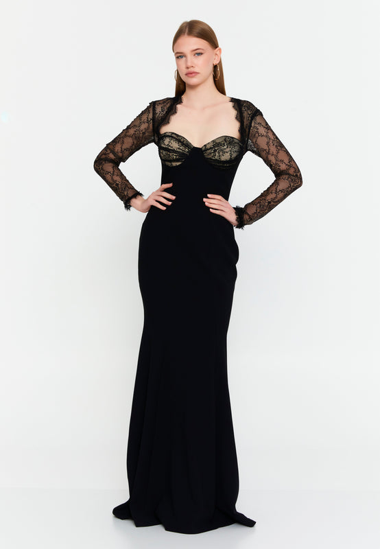 Lace-Paneled Mermaid Gown – Deep V Neckline, Sheer Long Sleeves & Refined Feminine Silhouette