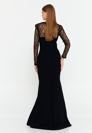 Lace-Paneled Mermaid Gown – Deep V Neckline, Sheer Long Sleeves & Refined Feminine Silhouette