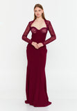 Lace-Paneled Mermaid Gown – Deep V Neckline, Sheer Long Sleeves & Refined Feminine Silhouette