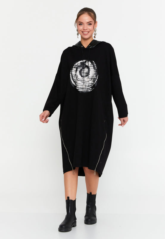 Hooded Sweatshirt Dress – Oversized Cocoon Fit, Art Graphic Front & Dual Side Zippers with High–Low Hem