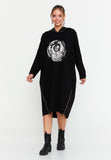 Hooded Sweatshirt Dress – Oversized Cocoon Fit, Art Graphic Front & Dual Side Zippers with High–Low Hem