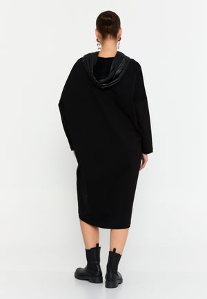 Hooded Sweatshirt Dress – Oversized Cocoon Fit, Art Graphic Front & Dual Side Zippers with High–Low Hem