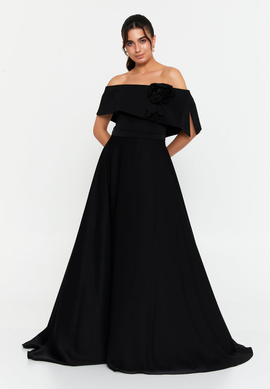 Off-Shoulder Foldover Gown – 3D Floral Detail, Cinched High Waist & Floor-Sweeping A-Line Skirt