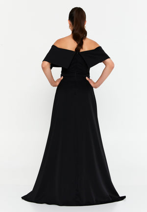 Off-Shoulder Foldover Gown – 3D Floral Detail, Cinched High Waist & Floor-Sweeping A-Line Skirt