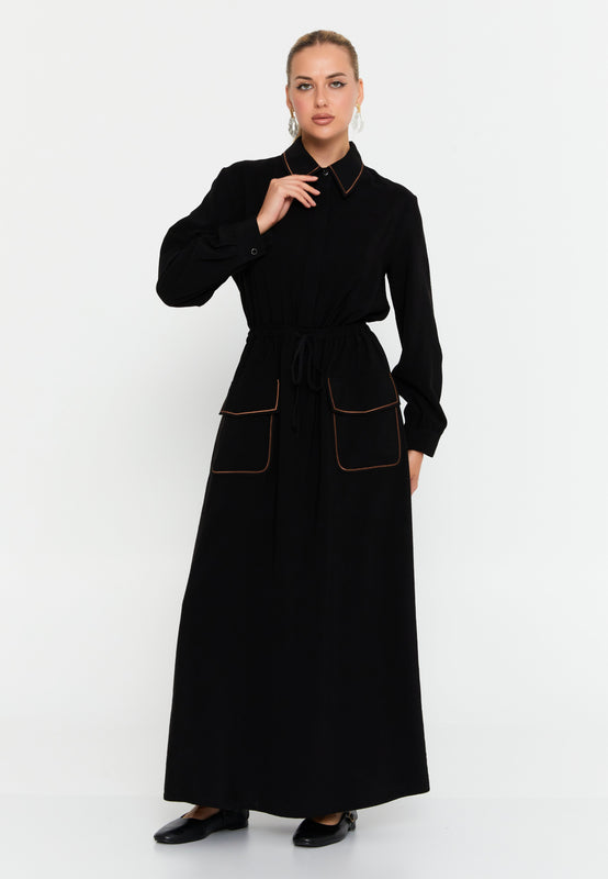 Shirt-Collar Maxi Dress with Drawstring Waist – Contrast-Piped Patch Pockets & Full-Button Front for Effortless Smart-Casual