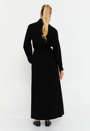 Shirt-Collar Maxi Dress with Drawstring Waist – Contrast-Piped Patch Pockets & Full-Button Front for Effortless Smart-Casual