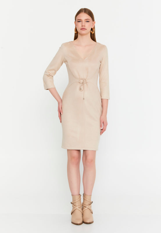 V-Neck Waist-Tie Bodycon Dress – Elegant Minimalism with a Tailored Feminine Silhouette