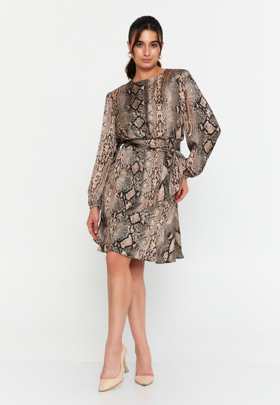 Animal-Print Long-Sleeve Mini Dress – Self-Tie Waist, Subtle Shoulder Structure & Easy A-Line Hem