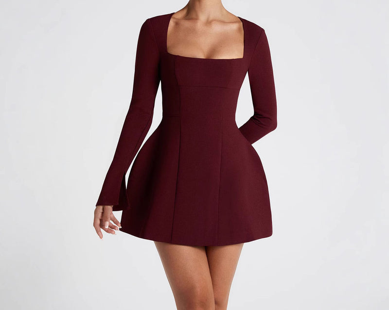 Elegant Square Neck Long Sleeve Bodycon Dress – Slim Fit Short Dress