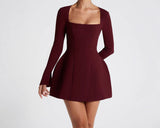 Elegant Square Neck Long Sleeve Bodycon Dress – Slim Fit Short Dress