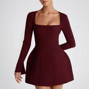 Elegant Square Neck Long Sleeve Bodycon Dress – Slim Fit Short Dress